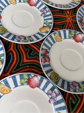 Set of 6 Fruit Pattern Salad Plates Blue Stripe Rim Ceramic Plates Summer Picnic